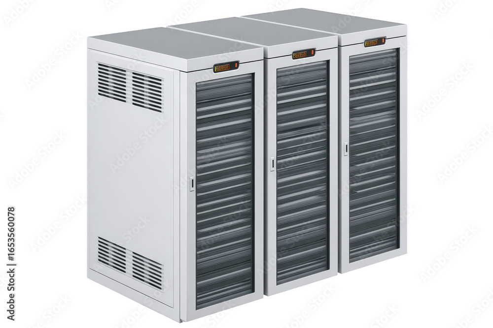 Poster three modern server racks with metallic doors and ventilation panels, standing side by side in data 