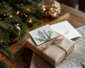 Festive Gift and Greetings: A beautifully wrapped present adorned with a delicate sprig and a matching card, nestled beside a Christmas tree, invoking the warmth of the holiday spirit.