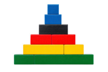 Colorful wooden block pyramid green yellow red black blue educational toy isolated on white playful learning childhood stacking game
