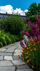 Obraz premium Colorful garden path under a blue sky