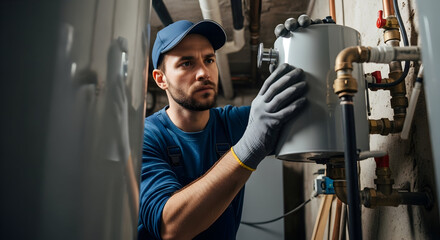 Professional plumber fixing a water heating system in a utility room