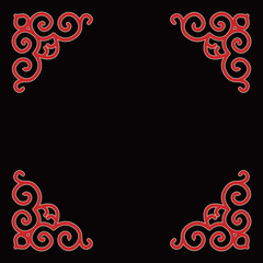 Decorative red ornate scroll corners beautifully frame a clean white background.