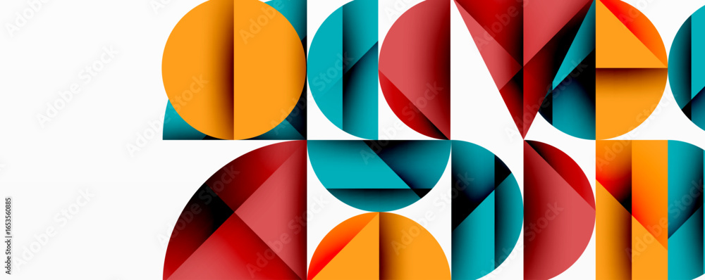 Poster abstract geometric shapes overlap, creating vibrant colorful pattern. modern design utilizes circles