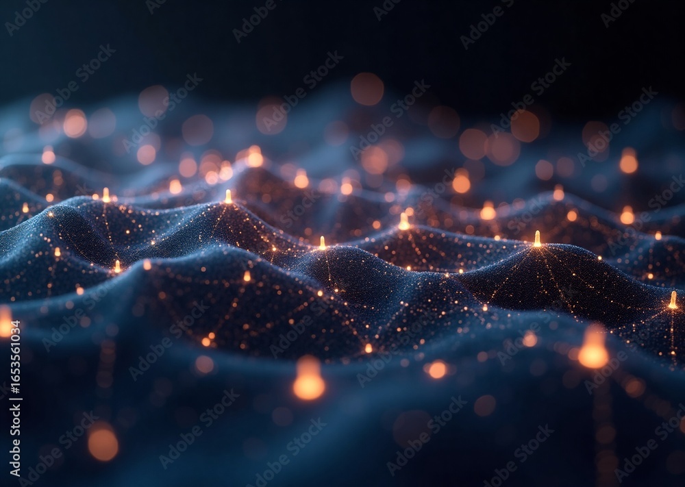 Poster an abstract digital network depicts glowing orange nodes intricately linked by fine lines on a dark,
