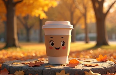 3D cartoon animated coffee cup with smiling face sits on stone surrounded by autumn leaves. Cheerful hot drink container, perfect for cozy fall themes, cafe promotions, or animated content.