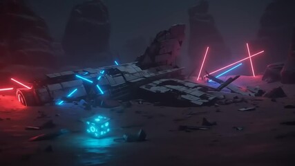 Futuristic landscape with a crashed spacecraft illuminated by neon lights in a rocky terrain - Powered by Adobe