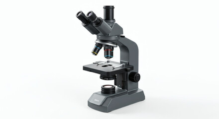 Detailed View of a Modern Microscope Isolated on a White Background for Scientific Examination.