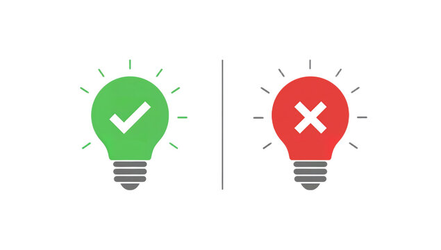 Correct and incorrect lightbulb icons representing ideas.