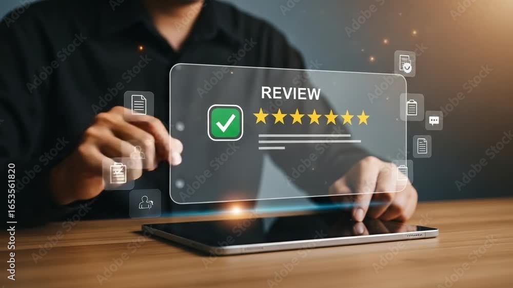 Poster man interacting with a digital review interface on a tablet with a five star rating system shown