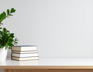 Fototapeta premium Clean Minimalist Desk Setup with Potted Plant and Stack of Books