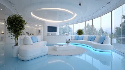 A futuristic, white, open-plan living room with a curved ceiling, large windows, and a modern sofa with blue cushions. The room is well-lit with natural light and has a minimalist design.