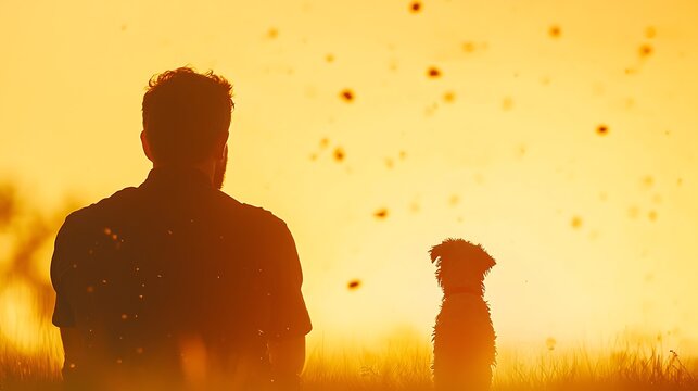 Man and dog silhouetted against a warm golden sunset with many flying insects