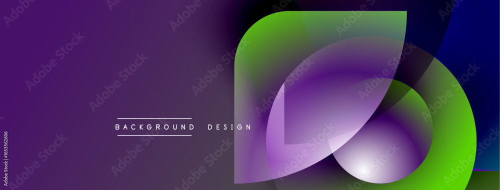 Poster abstract purple, green, blue design. overlapping shapes create dynamic visual effect. text reads bac