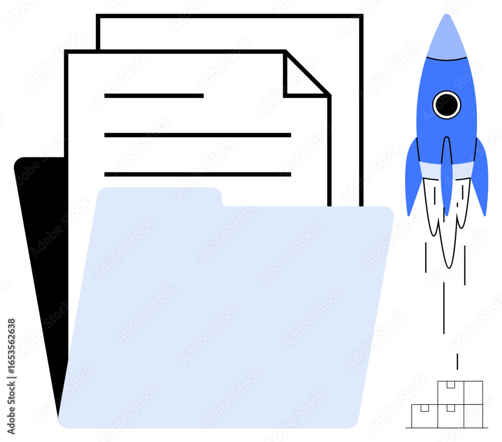 Poster files in folder, documents, rocket launching with progress indicator boxes. ideal for startup progre