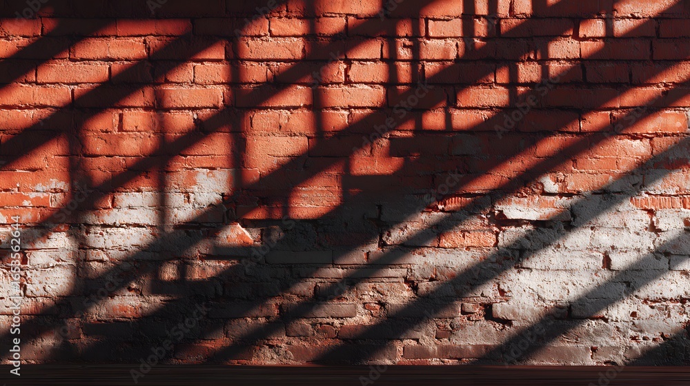 Poster diagonal shadows cast by overhead structures on a weathered brick wall, highlighting the texture and