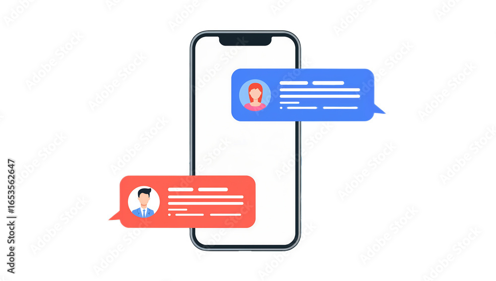 Poster smartphone displaying chat bubbles with user profile icons, suggesting a mobile messaging conversati