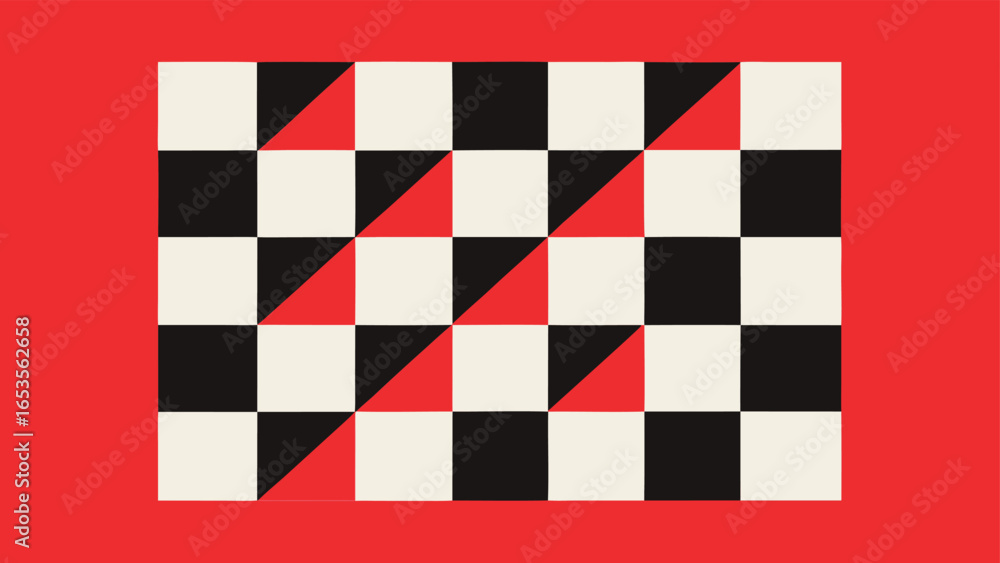 Poster optical illusion chessboard pattern with red triangles on red transparency background geometric abst