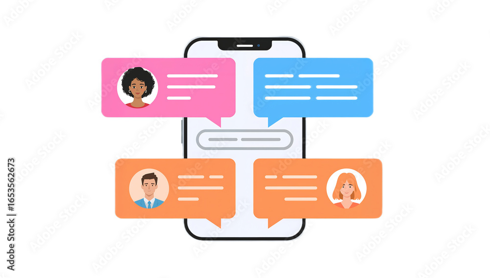 Poster smartphone displaying multiple text message conversations with diverse users.