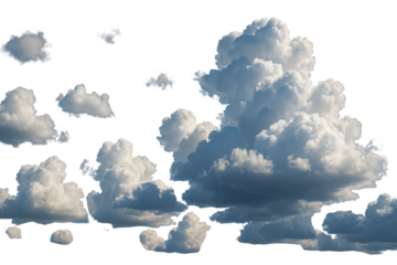 A collection of fluffy white clouds of varying sizes scattered across a black background in the sky view