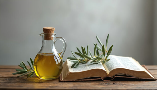 Anointed pure olive oil in glass jar beside open Bible, green olive branch on rustic wooden table. Image God Holy Spirit, representing peace, purity, blessings. Ideal for religious contexts,