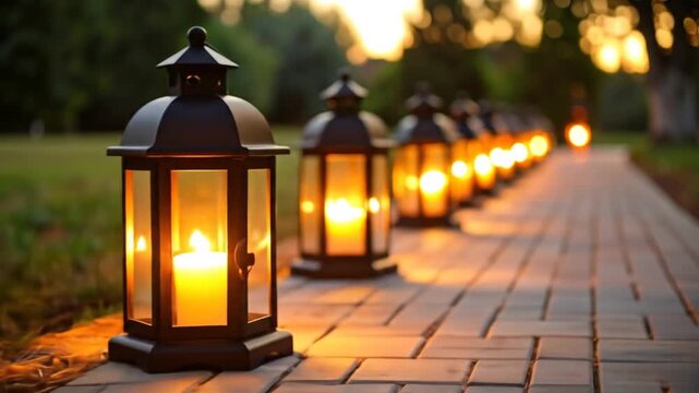 A row of glowing lanterns line a stone pathway, creating a warm, inviting ambiance against a blurred backdrop. The soft light casts long shadows