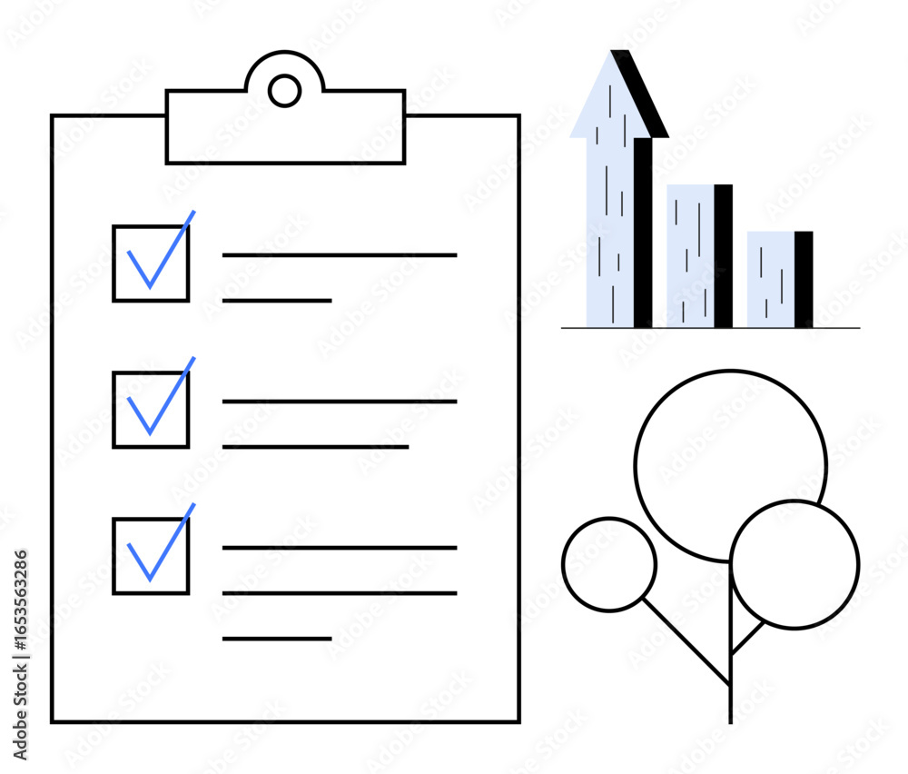 Poster clipboard with checklist and blue checkmarks, bar graph with upward arrow, abstract tree. ideal for 