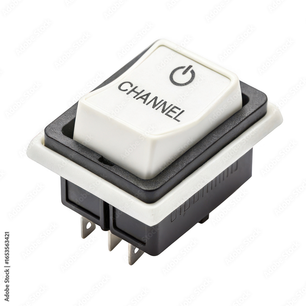 Poster white rectangular rocker switch labeled channel isolated on transparent background