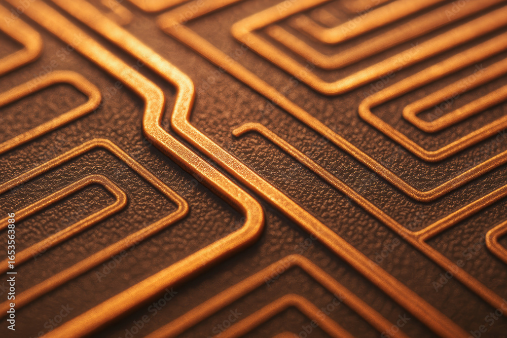 Poster copper circuit pattern close up in semiconductor industry production with detailed texture and metal