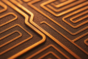 Copper circuit pattern close up in semiconductor industry production with detailed texture and metallic lines creating precise design