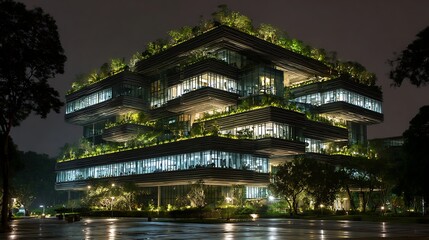 A modern, multi-story building with a green roof and lush greenery, illuminated at night, with a reflective pool in the foreground and a tree in the background.