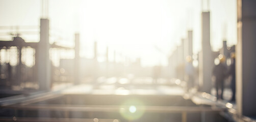 Construction site with concrete pillars and bright sunlight creating a blurred effect, highlighting structural forms and the glowing atmosphere around the framework.