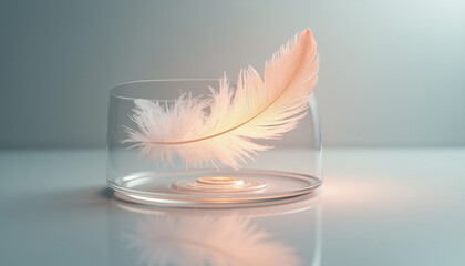 Glowing feather with pastel light above reflective surface, minimal tranquil still life artwork for calm and joyful designs