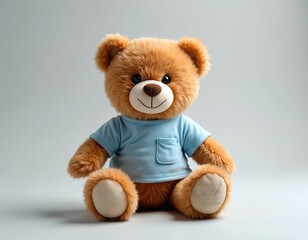 Obraz premium Classic brown teddy bear wears light blue t-shirt with pocket. Fluffy stuffed animal sits against clean light background. Adorable cuddly toy, perfect for children themes, comfort, playfulness.
