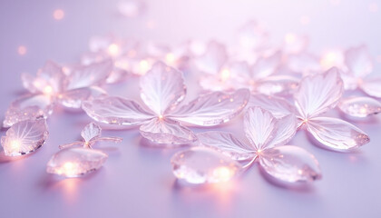 Crystal leaves glowing softly on pastel lavender background, surreal still life with calming and joyful atmosphere for modern art and design projects