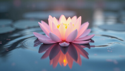 Glowing water lily floating on calm water with pastel ripples, surreal still life artwork for peaceful and joyful atmosphere