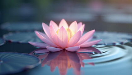 Glowing water lily floating on calm water with pastel ripples, surreal still life artwork for peaceful and joyful atmosphere