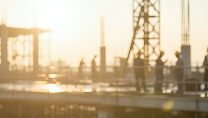 Silhouetted figures stand on a platform with industrial structures during golden hour, emphasizing warm atmospheric tones, elongated shadows, and the contrast between human presence