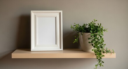 White photo frame on wooden shelf with green potted plant in modern minimal interior