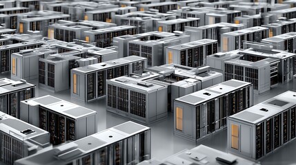 A large, industrial data center with numerous server racks and storage units, illuminated by overhead lights, set against a reflective, metallic backdrop.