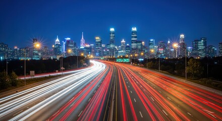 Obraz premium Dynamic cityscape illuminated at night with streaming vehicular light trails showcasing urban