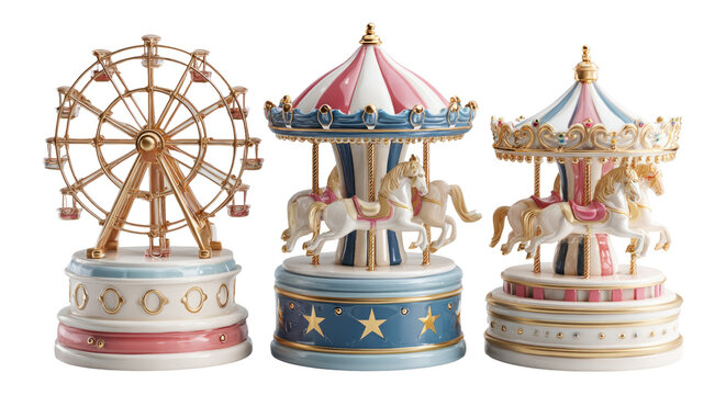 Vintage Carousel and Ferris Wheel Figurines on Transparent Background