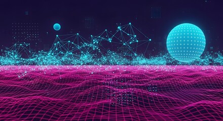 Bola,Latar belakang teknologi futuristik dengan koneksi jaringan yang bersinar dan lanskap jaringan data merah muda yang cerah