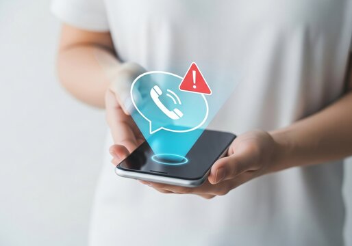 Phone scam alert notification concept. A person holding a smartphone with a digital scam warning notification, fraudulent calls, cybersecurity threats, and telecommunication security awareness. fraud, - Powered by Adobe