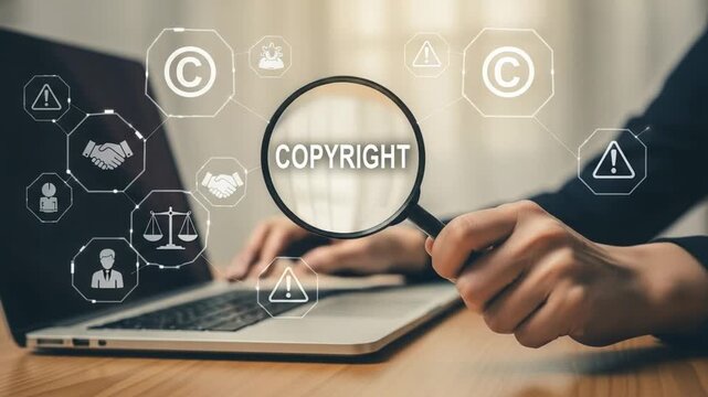 Person using laptop with copyright text in magnifying glass and icons overlayed on the screen view