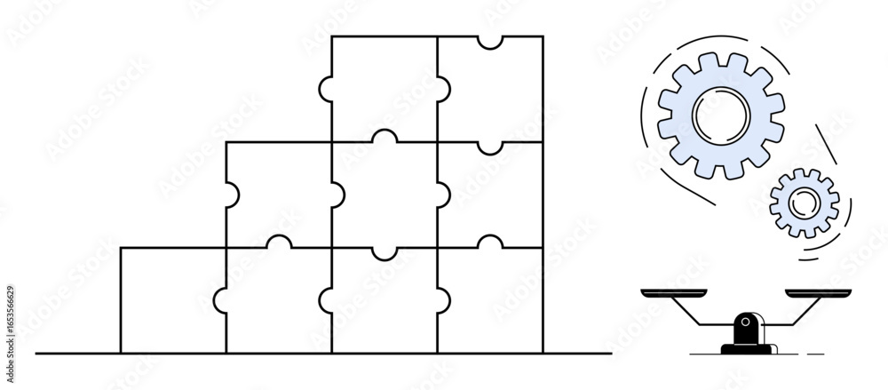 Poster interlocked puzzle blocks forming a structure, two rotating gears in motion, and a balanced scale. i