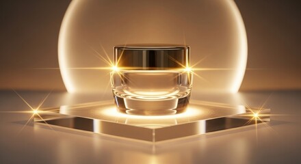 Luxury skincare product presentation featuring a clear jar with golden accents