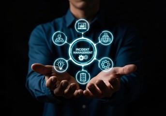 Incident Management System Technology Concept. A person holding tablet with interface Incident Management, icons symbolizing analytics, strategy, process, risk assessment, and problem resolution.