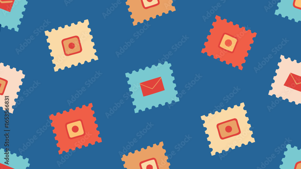 Poster Seamless pattern of postage stamps with envelope and circular motifs on a deep blue transparency background mail