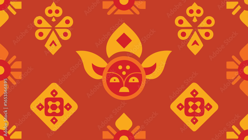 Poster seamless pattern of stylized faces and geometric shapes in orange and yellow repeating transparency 