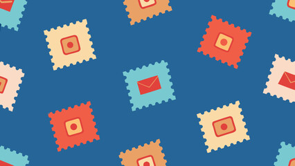 Seamless pattern of postage stamps with envelope and circular motifs on a deep blue transparency background mail
